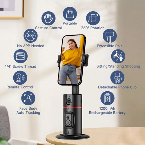 360° AI Auto Face Tracking Tripod with Remote – Smart Phone Holder, Gesture Control, Rechargeable Selfie Stick & Vlog Stand for TikTok, Live Streaming & Video Recording